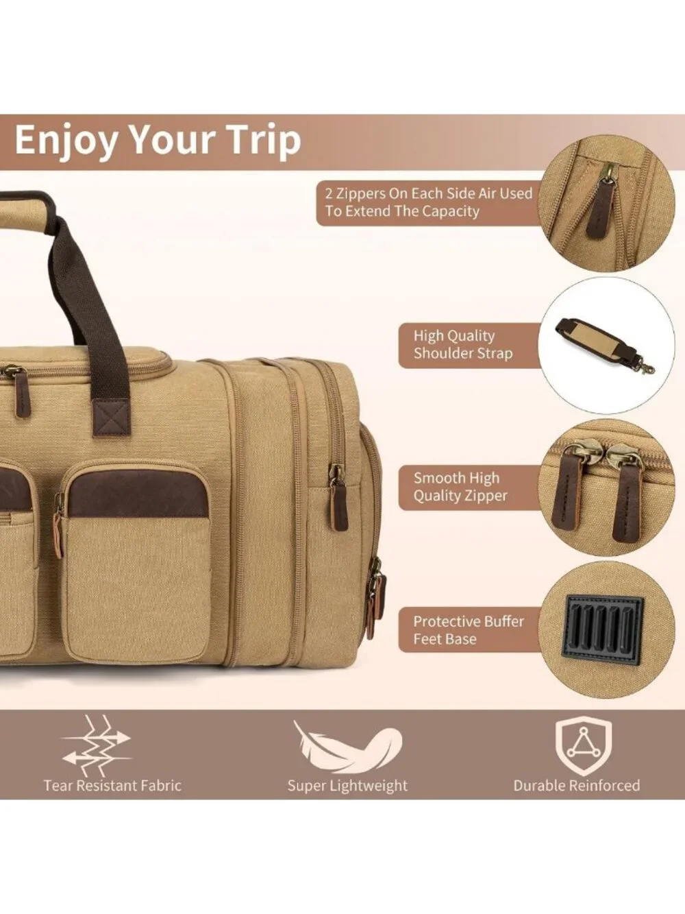 Spacious 60L Canvas Duffle Bag for Travel, Expandable Overnight Weekender Tote